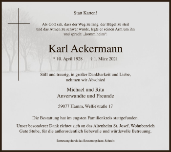 Traueranzeige von Karl Ackermann von WA