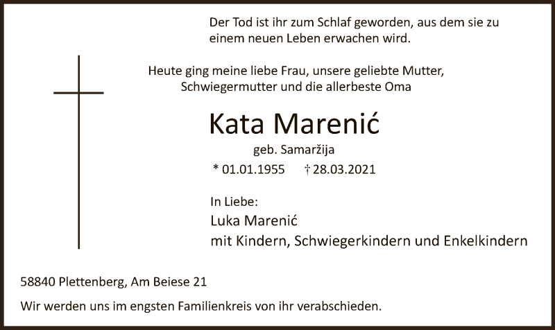  Traueranzeige für Kata Marenic vom 31.03.2021 aus WA