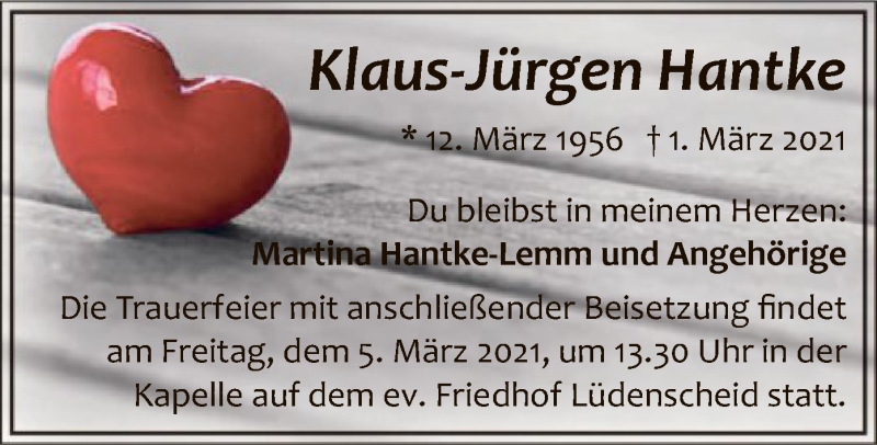  Traueranzeige für Klaus-Jürgen Hantke vom 04.03.2021 aus WA