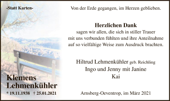 Traueranzeige von Klemens Lehmenkühler von WA