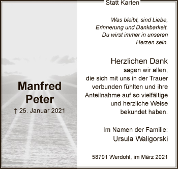 Traueranzeige von Manfred Peter von WA
