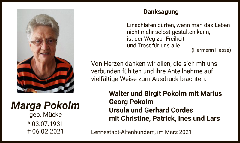  Traueranzeige für Marga Pokolm vom 13.03.2021 aus WA