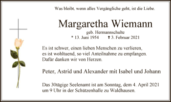 Traueranzeige von Margaretha Wiemann von WA