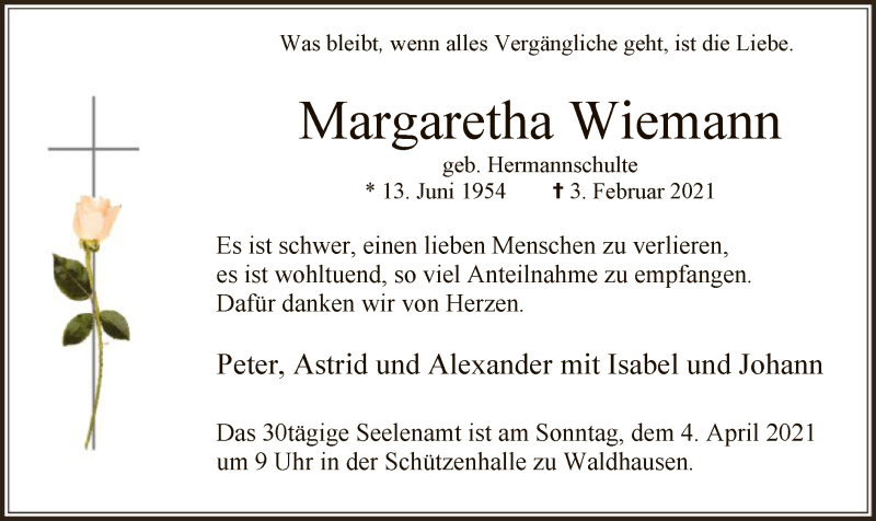 Traueranzeige für Margaretha Wiemann vom 20.03.2021 aus WA