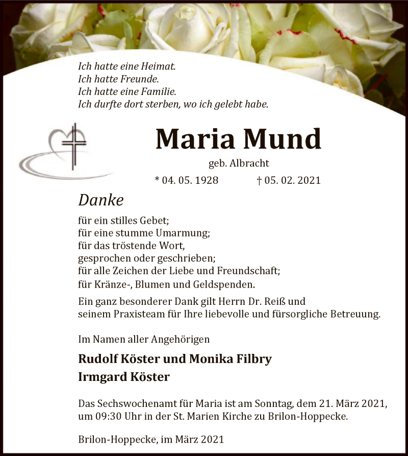  Traueranzeige für Maria Mund vom 13.03.2021 aus WA