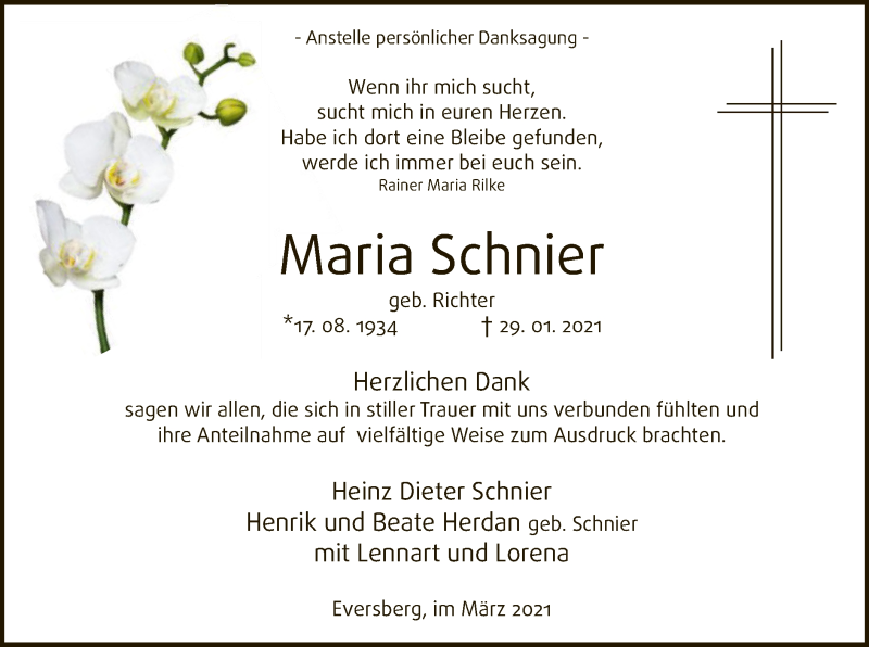  Traueranzeige für Maria Schnier vom 13.03.2021 aus WA