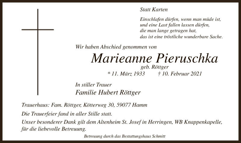  Traueranzeige für Marieanne Pieruschka vom 01.03.2021 aus WA