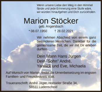Traueranzeige von Marion Stöcker von WA