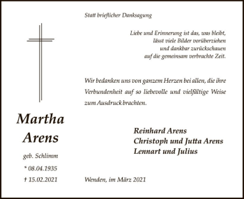 Traueranzeige von Martha Arens von WA