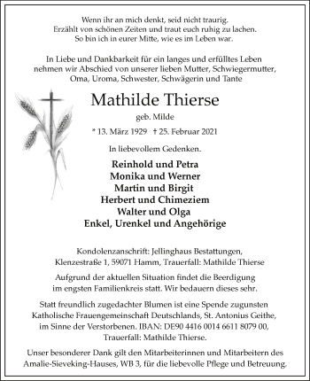 Traueranzeige von Mathilde Thierse von WA