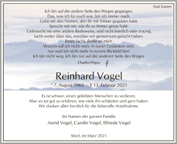 Traueranzeige von Reinhard Vogel von WA