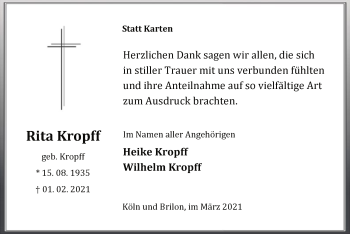 Traueranzeige von Rita Kropff von WA