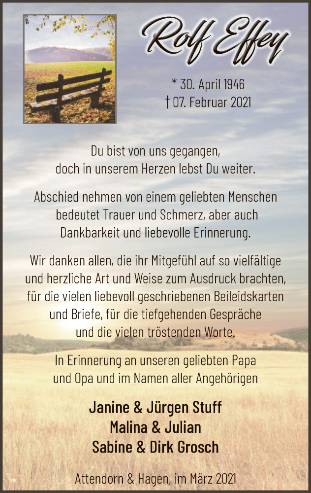 Traueranzeige für Rolf Effey vom 13.03.2021 aus WA