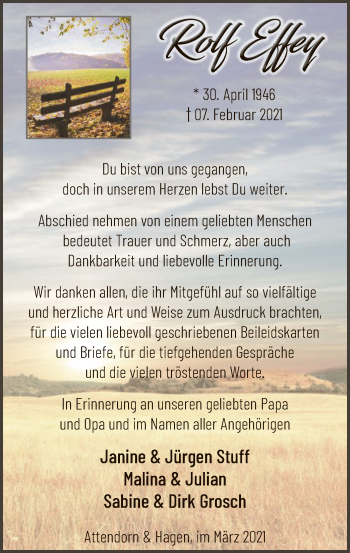 Traueranzeige von Rolf Effey von WA