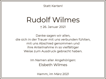 Traueranzeige von Rudolf Wilmes von WA