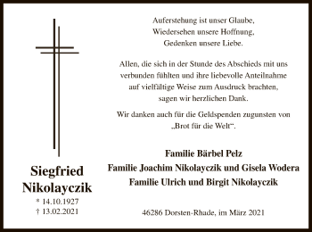 Traueranzeige von Siegfried Nikolayczik von WA