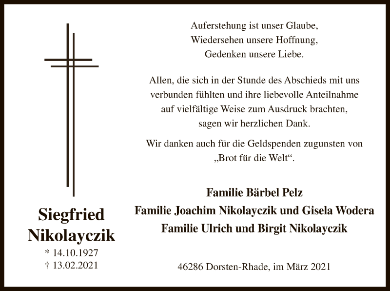  Traueranzeige für Siegfried Nikolayczik vom 20.03.2021 aus WA