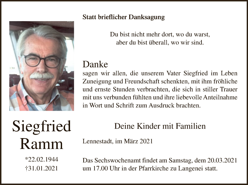  Traueranzeige für Siegfried Ramm vom 13.03.2021 aus WA
