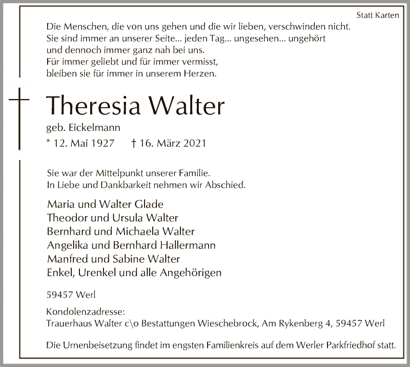  Traueranzeige für Theresia Walter vom 20.03.2021 aus WA