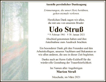 Traueranzeige von Udo Struß von WA