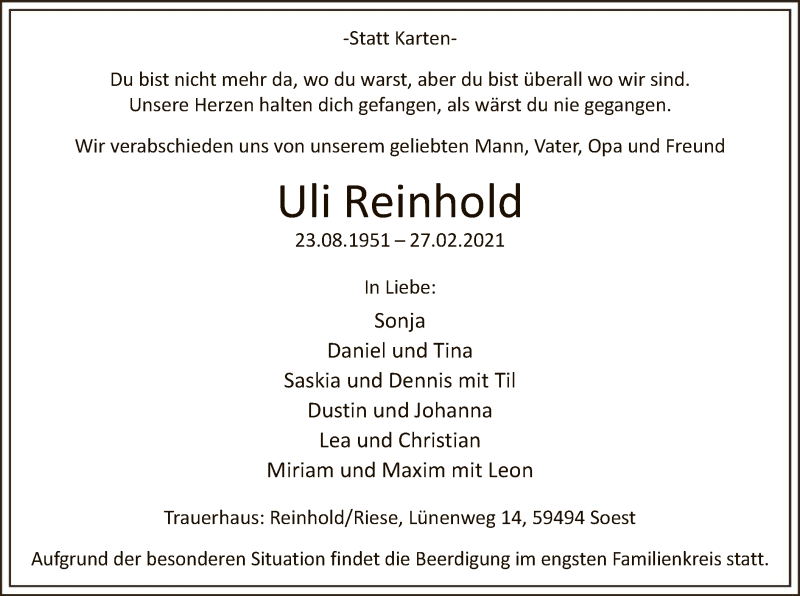  Traueranzeige für Uli Reinhold vom 08.03.2021 aus WA