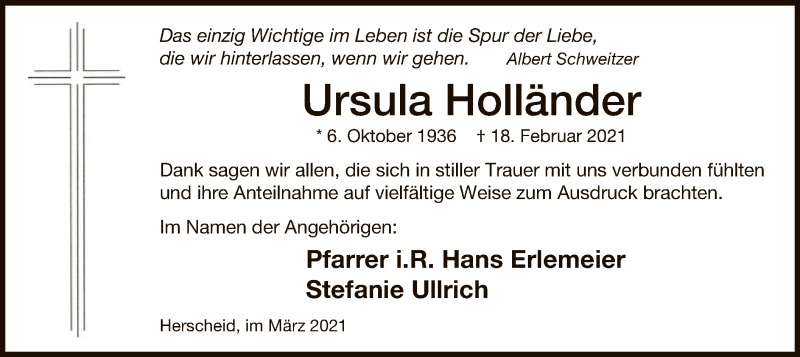  Traueranzeige für Ursula Holländer vom 27.03.2021 aus WA