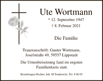 Traueranzeige von Ute Wortmann von WA