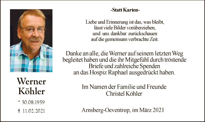 Traueranzeige für Werner Köhler vom 27.03.2021 aus WA