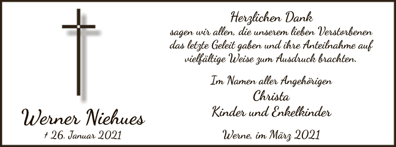  Traueranzeige für Werner Niehues vom 13.03.2021 aus WA