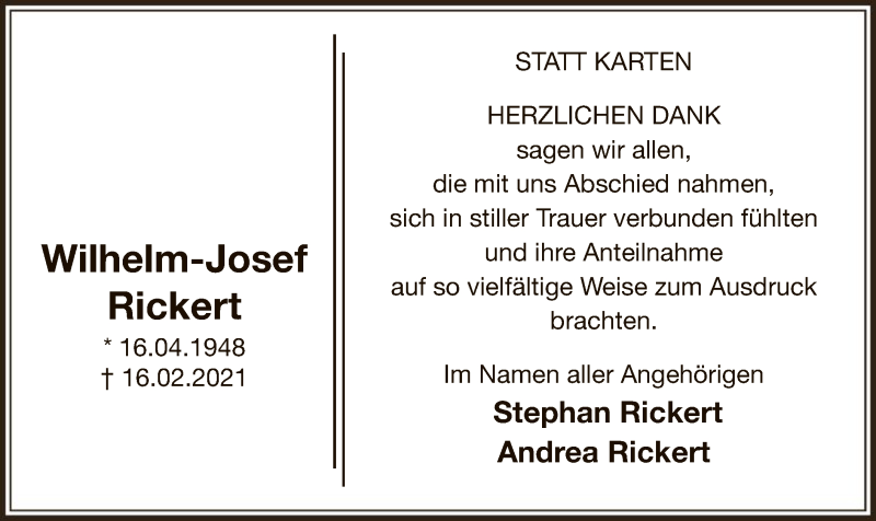 Traueranzeige für Wilhelm-Josef Rickert vom 13.03.2021 aus WA