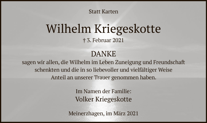 Traueranzeige für Wilhelm Kriegeskotte vom 20.03.2021 aus WA