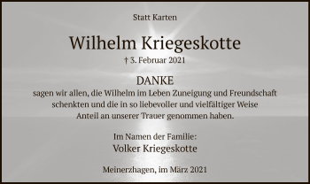 Traueranzeige von Wilhelm Kriegeskotte von WA