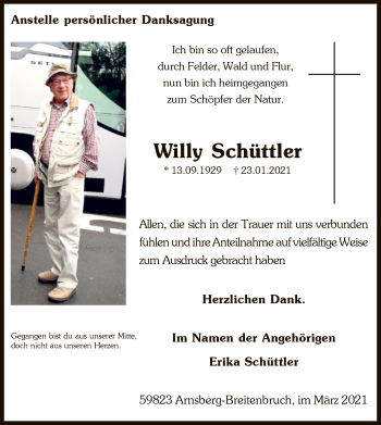 Traueranzeige von Willy Schüttler von WA