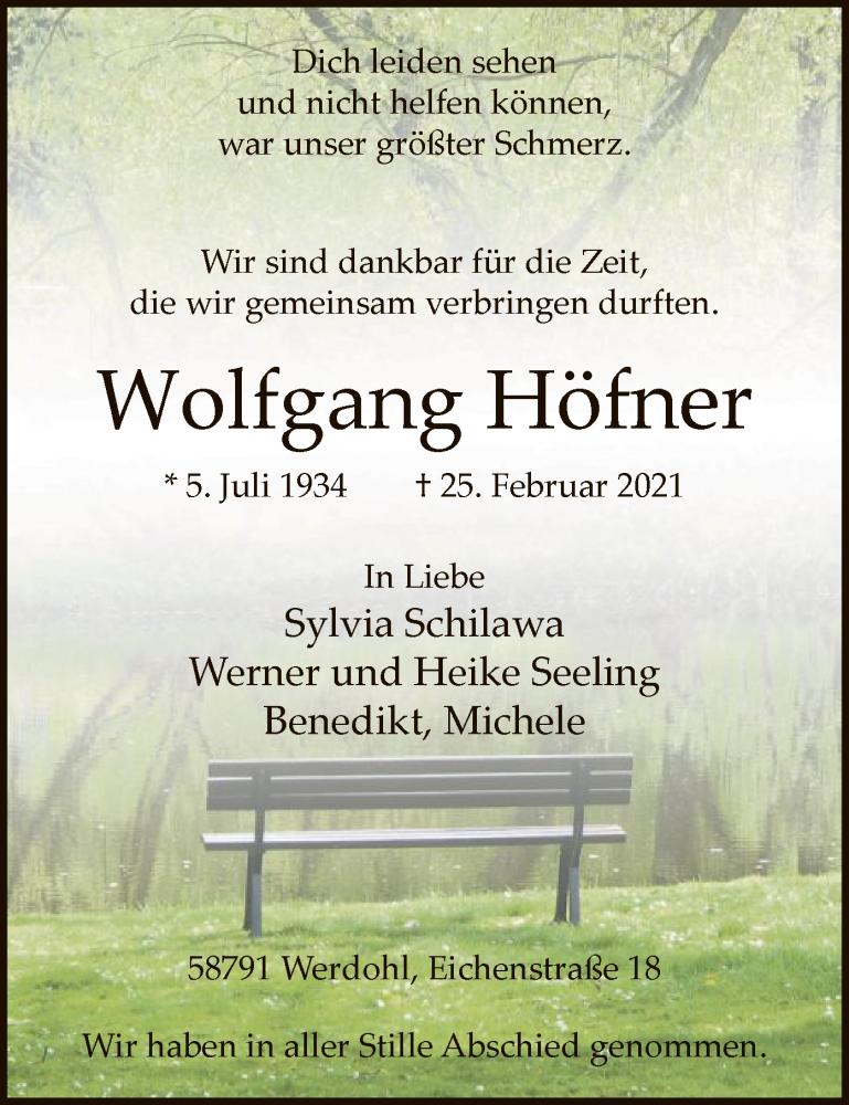 Traueranzeige für Wolfgang Höfner vom 03.03.2021 aus WA