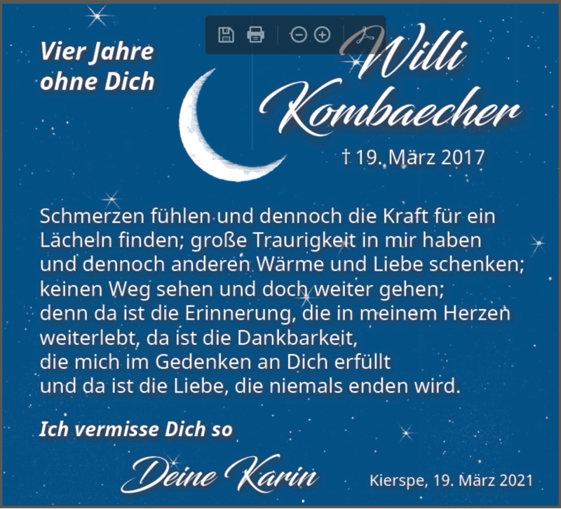  Traueranzeige für Willi Kombaecher vom 19.04.2021 aus MZV