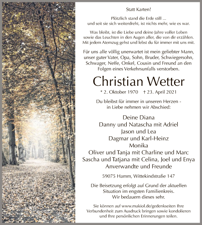  Traueranzeige für Christian Wetter vom 30.04.2021 aus WA