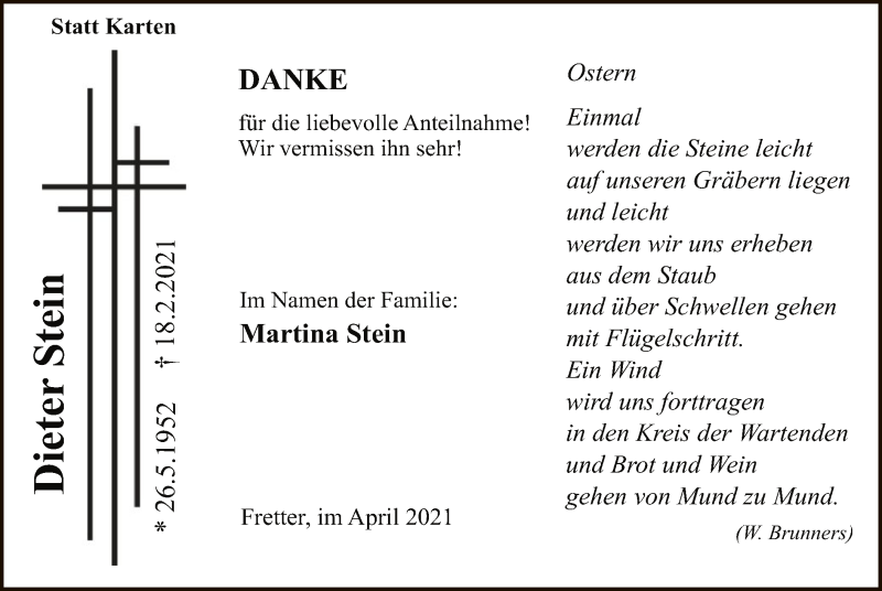  Traueranzeige für Dieter Stein vom 03.04.2021 aus WA
