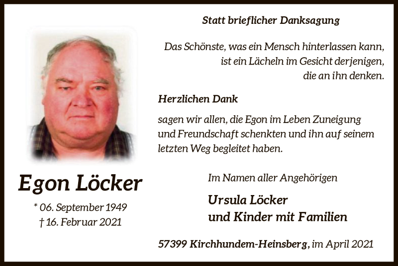  Traueranzeige für Egon Löcker vom 03.04.2021 aus WA