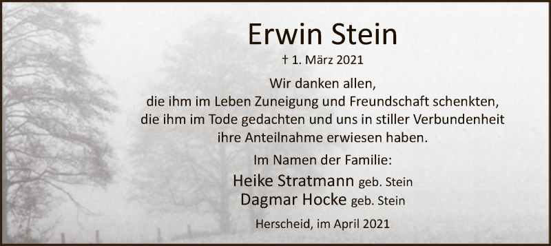  Traueranzeige für Erwin Stein vom 17.04.2021 aus WA