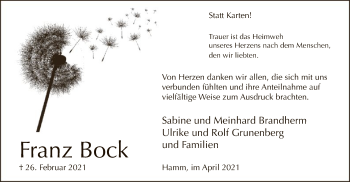 Traueranzeige von Franz Bock von WA