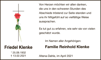 Traueranzeige von Friedel Klenke von WA