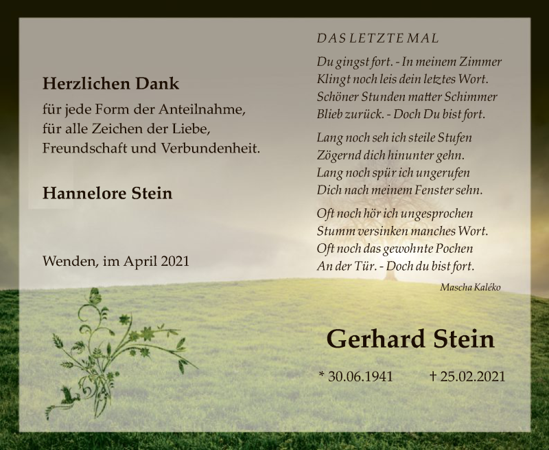  Traueranzeige für Gerhard Stein vom 17.04.2021 aus WA