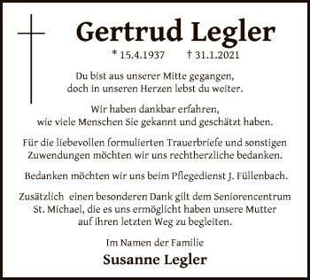 Traueranzeige von Gertrud Legler von WA