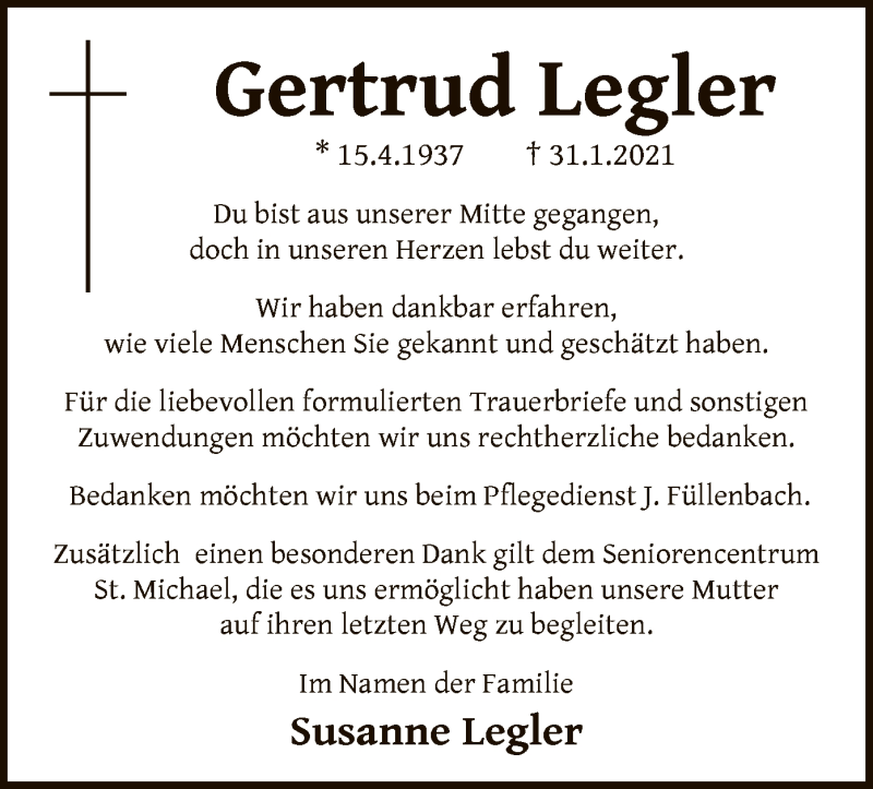  Traueranzeige für Gertrud Legler vom 23.04.2021 aus WA