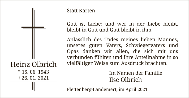  Traueranzeige für Heinz Olbrich vom 10.04.2021 aus WA