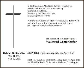 Traueranzeige von Helmut Grotenhöfer von WA