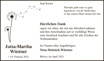 Traueranzeige von Jutta-Martha Wüstner von WA