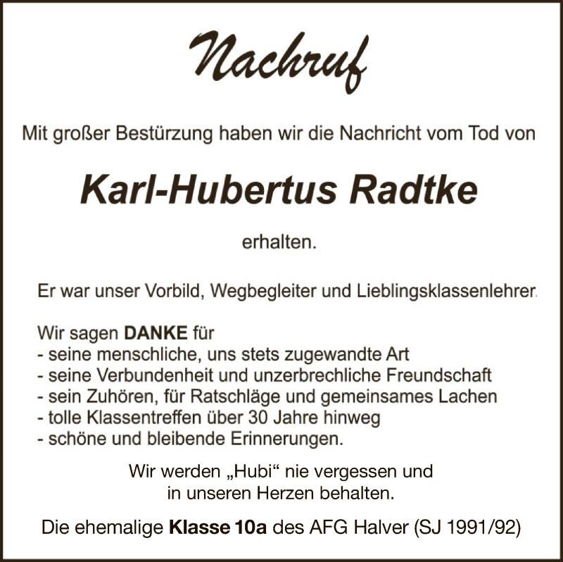  Traueranzeige für Karl-Hubertus Radtke vom 12.04.2021 aus WA