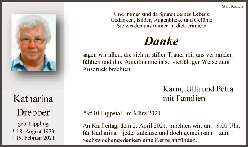  Traueranzeige für Katharina Drebber vom 01.04.2021 aus WA
