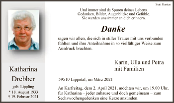 Traueranzeige von Katharina Drebber von WA